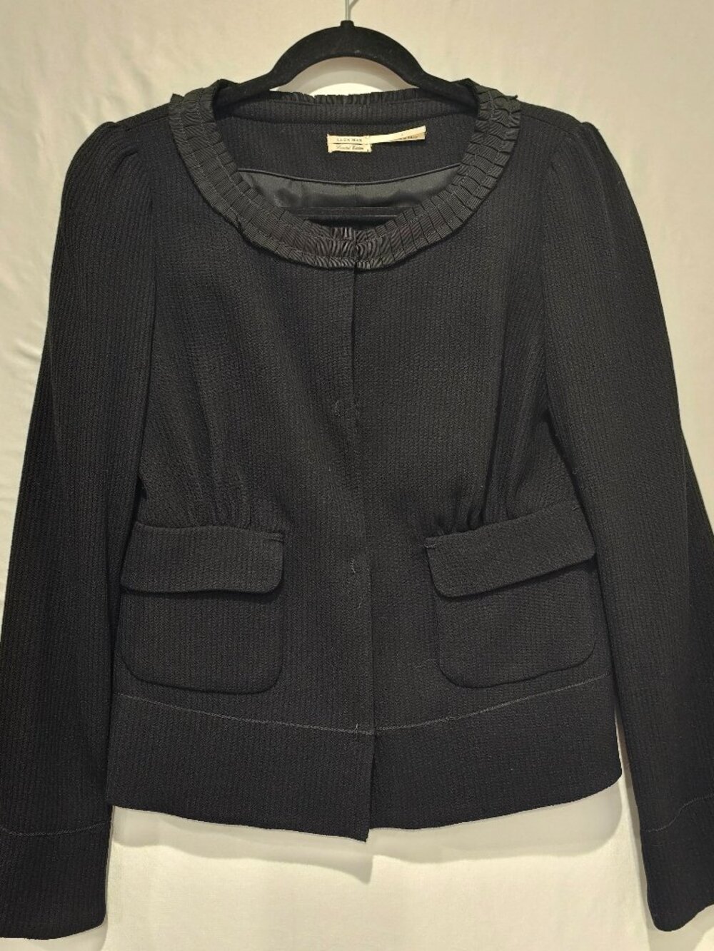 Leon Max Limited Edition Black Tweed Cropped Blazer Jacket Size 6 Ruffle Pleated